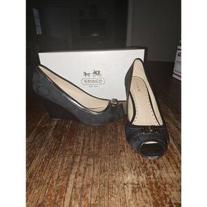 9.5B Coach Black Thea Wedge High Heel Peep Toe Signature Dress Shoes w Box
